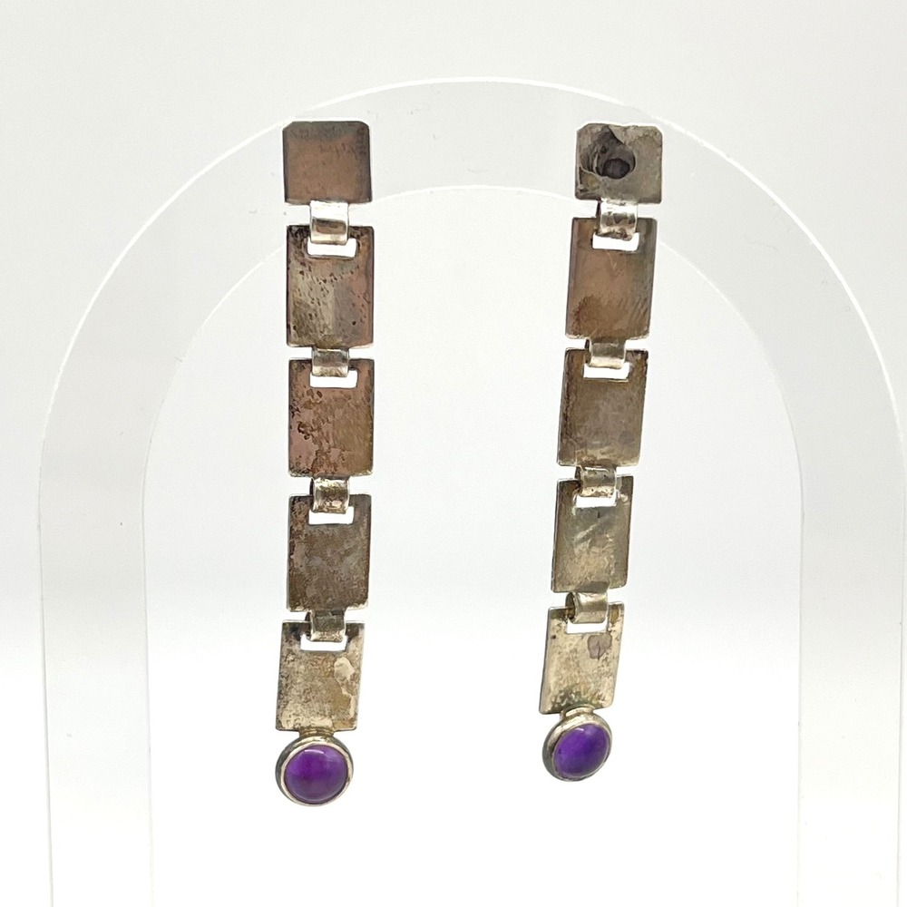Artisan Sterling Silver‎ Amethyst Articulated Panel Drop Earrings Purple Stone